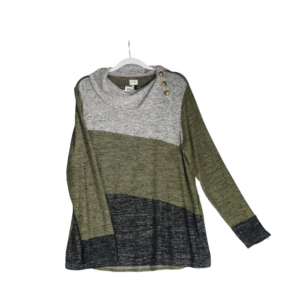 Db Sunday Knit Sweater Women 1X Gray Green Cowl Neck Asymmetrical Collar Casual - Picture 1 of 9